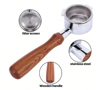 54mm-bottomless-portafilter-redwood-handle- filter screen - stainless steel - wooden handle redwood
